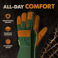 Leather gardening gloves handling thorny branches