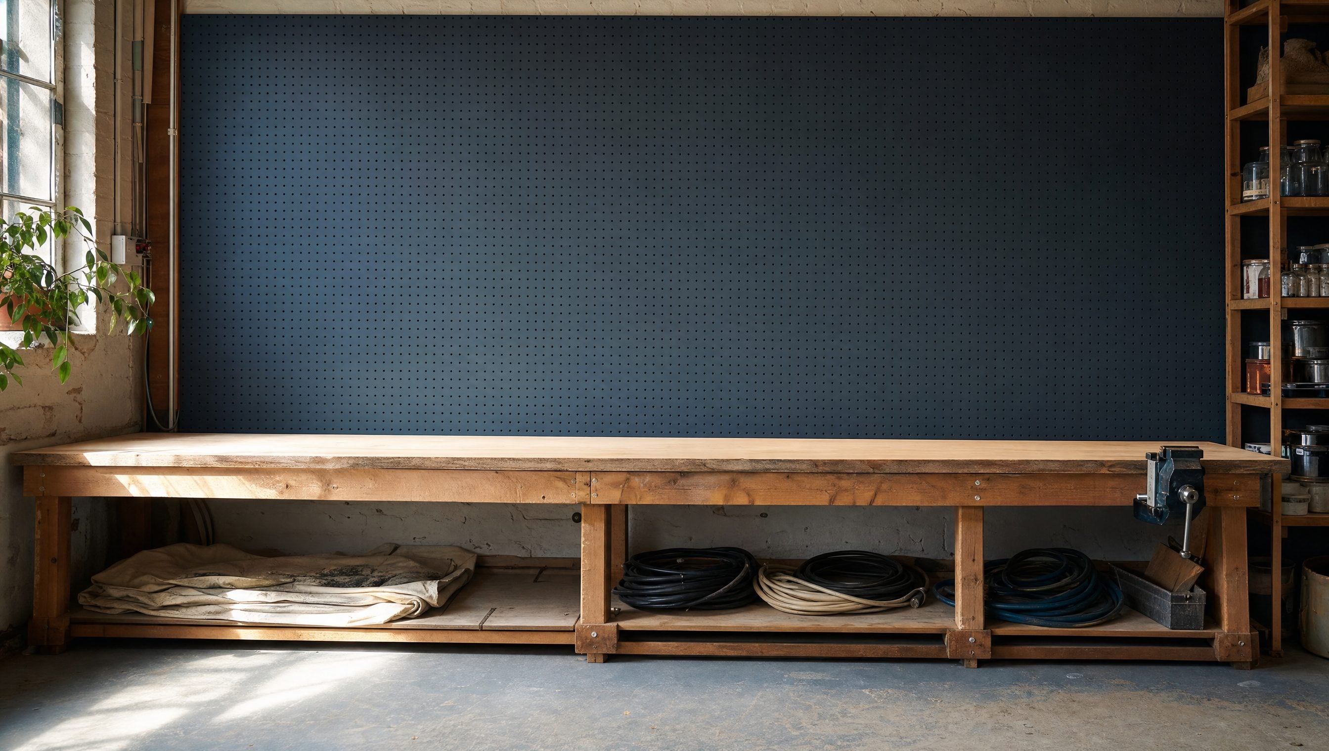 A workshop with an empty pegboard wall above a long timber workbench
