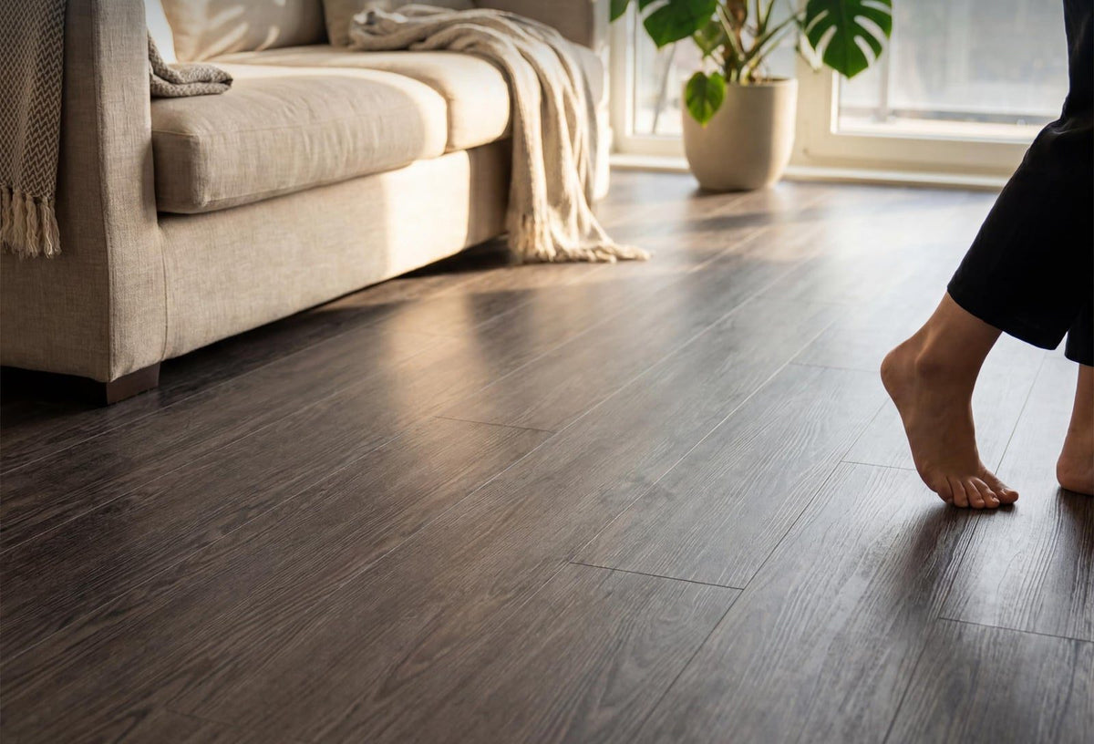 Wood effect vinyl plank floor laid in a living room