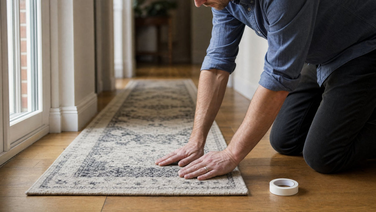 A runner rug pressed flat onto an oak floor, a roll of double sided carpet tape beside it