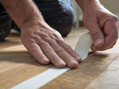 Hands peeling the liner from a strip of double sided carpet tape on floorboards